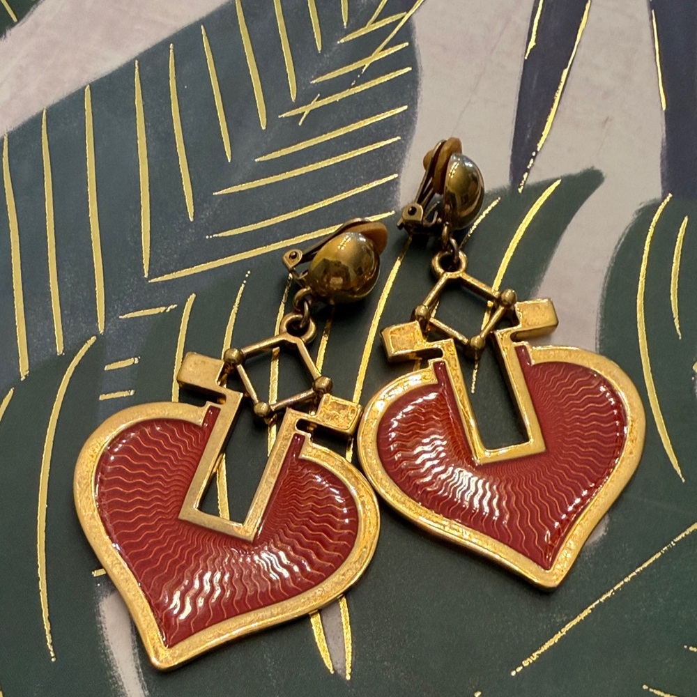 Gold-Tone Red Heart Drop Earrings